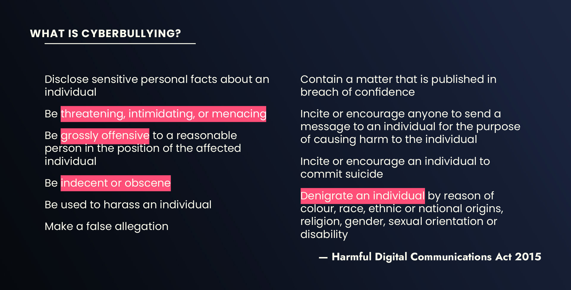 Under the Harmful Digital Communications Act, cyberbullying in New Zealand is a crime